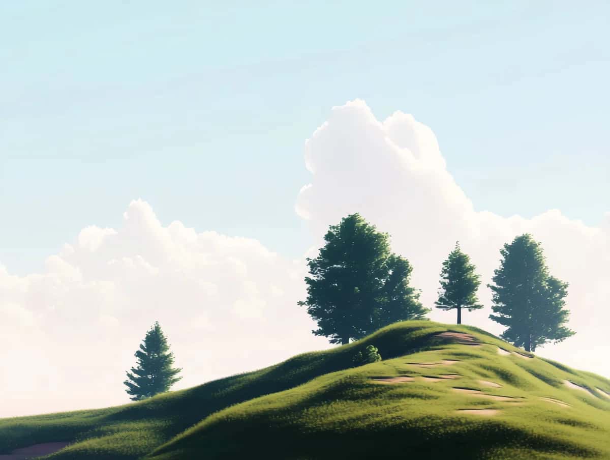 Rolling green hills with scattered evergreen trees under white clouds and blue sky