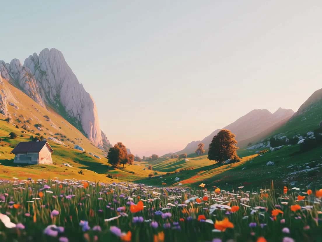 Painterly mountain valley at golden hour with a cabin and wildflower meadow