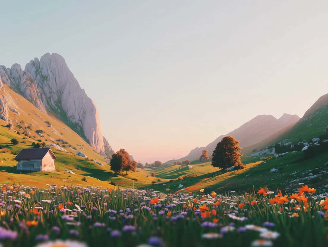 Alpine valley at sunset with wildflower meadow, dramatic cliffs, golden light