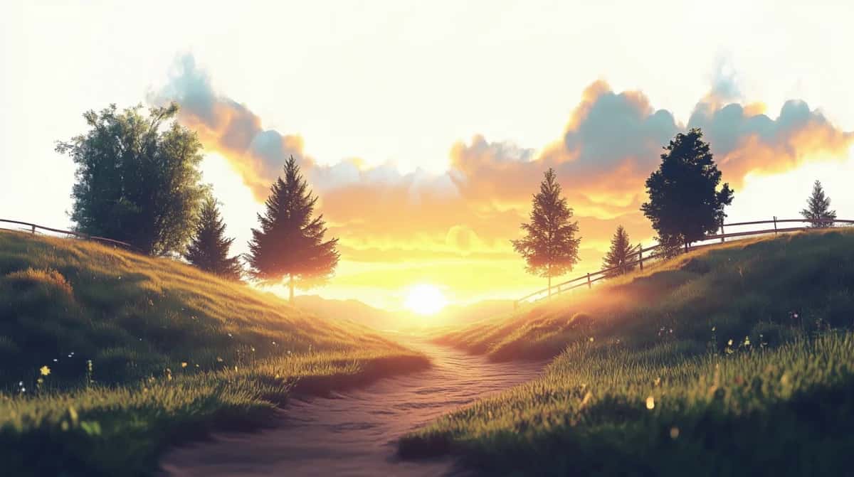 Golden sunset landscape with rolling hills, evergreen trees, and dirt road at horizon