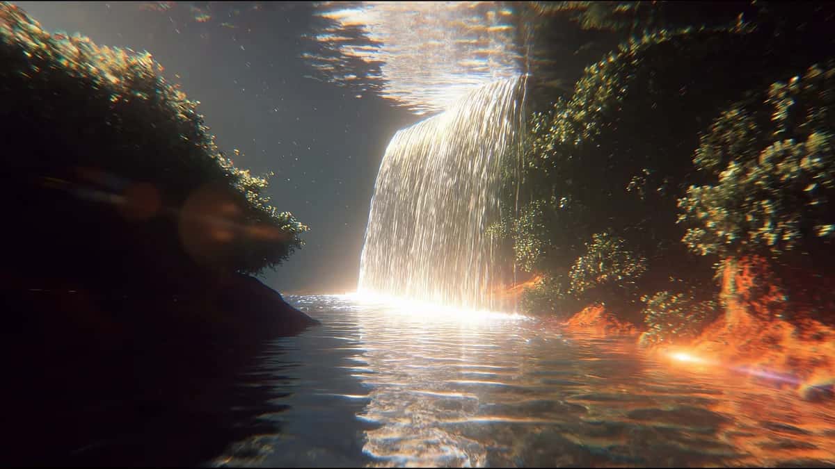Waterfall cascading into glowing pool surrounded by dark foliage and warm orange light