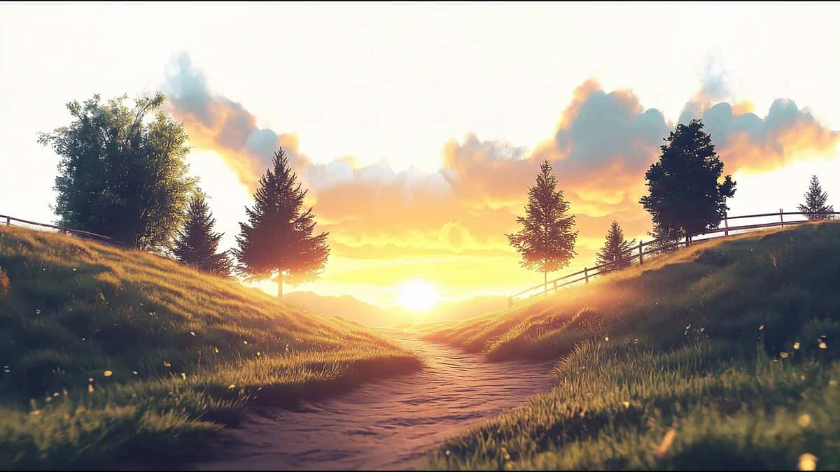 Golden sunset valley landscape with evergreen trees and glowing sky, warm light effects