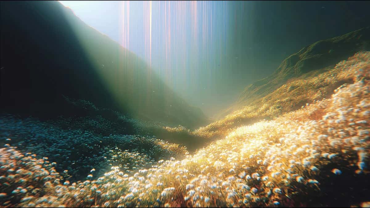 Underwater scene with golden particles and light rays filtering through dark water