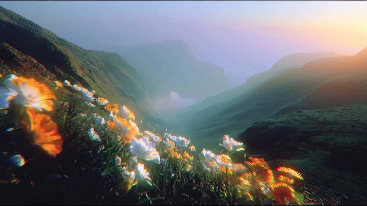 Mountain valley at sunrise with golden light illuminating wildflowers, misty peaks in background