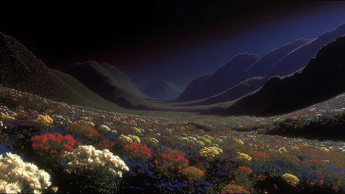 Mountain valley at twilight with wildflower meadow in foreground, dramatic blue-purple sky and layered peaks