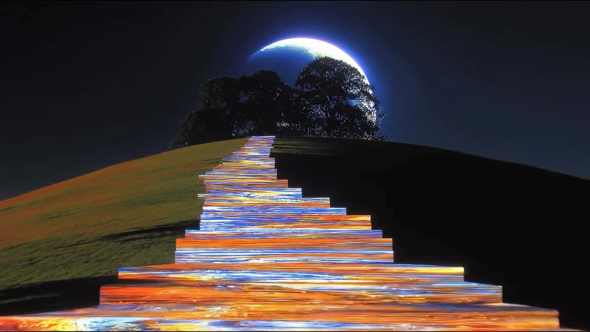 Glowing blue planet rising above stepped pyramid structure with orange light trails