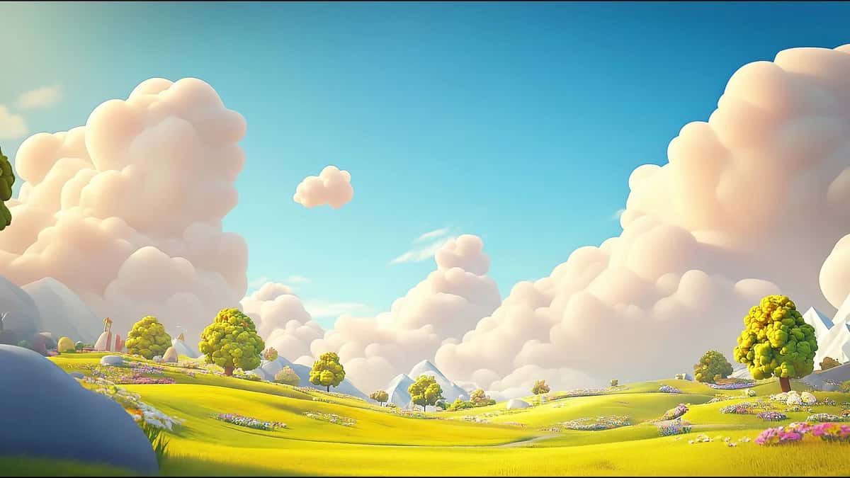 Lush green valley landscape with fluffy white clouds and golden sunlight, animated pastoral scene
