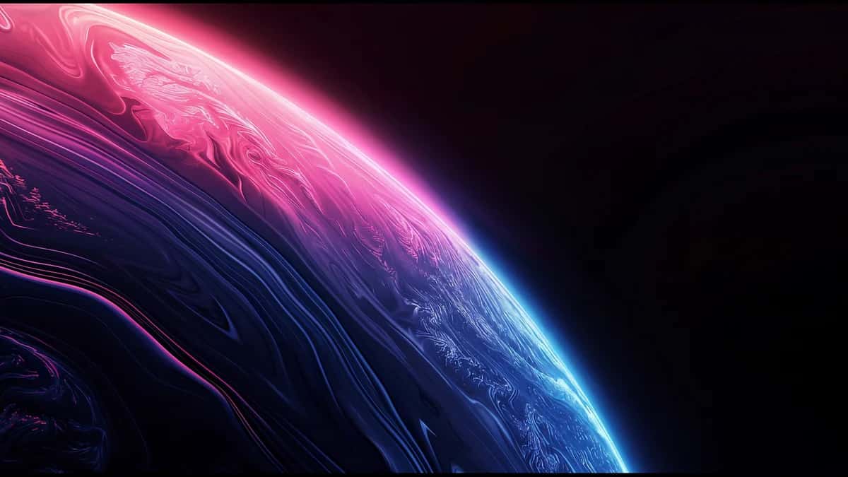 Glowing neon planet with pink and blue light streaks against black space