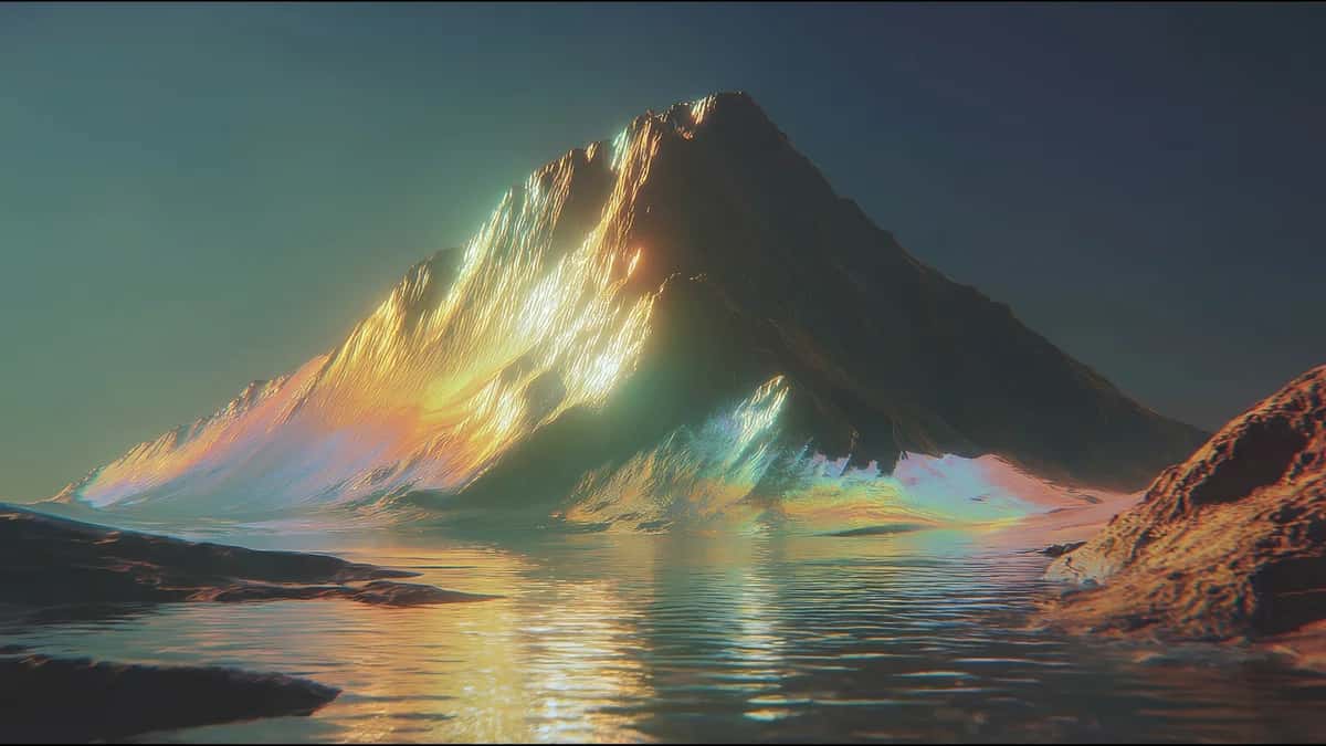 Golden sunlit mountain peak reflected in still water under teal sky, surreal landscape