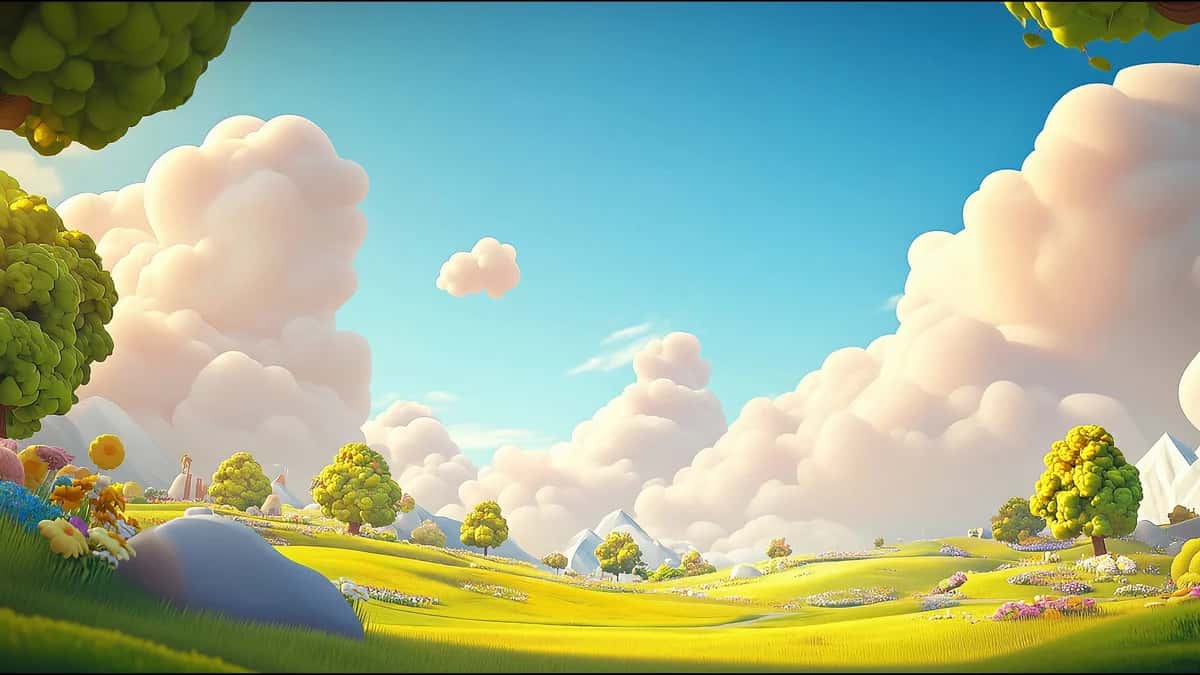 Sunny animated landscape with rolling green hills, fluffy white clouds, and golden meadow under blue sky