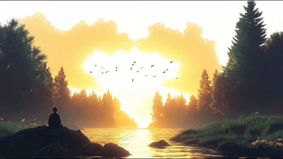 Silhouetted figure on rock overlooking golden sunset river valley with evergreen forest and birds flying
