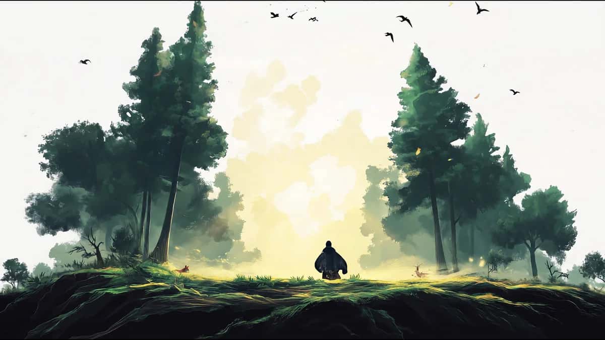 Silhouetted figure standing in misty forest clearing with tall trees and golden light, birds flying