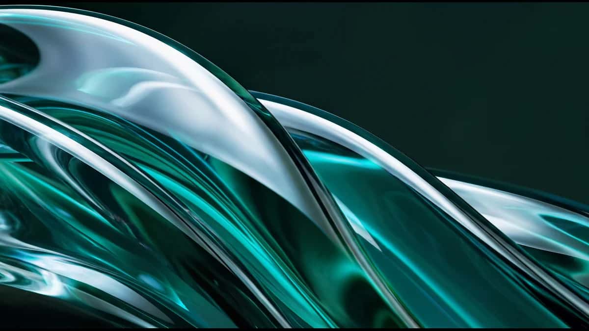 Abstract flowing wave shapes in teal and white with dynamic motion blur