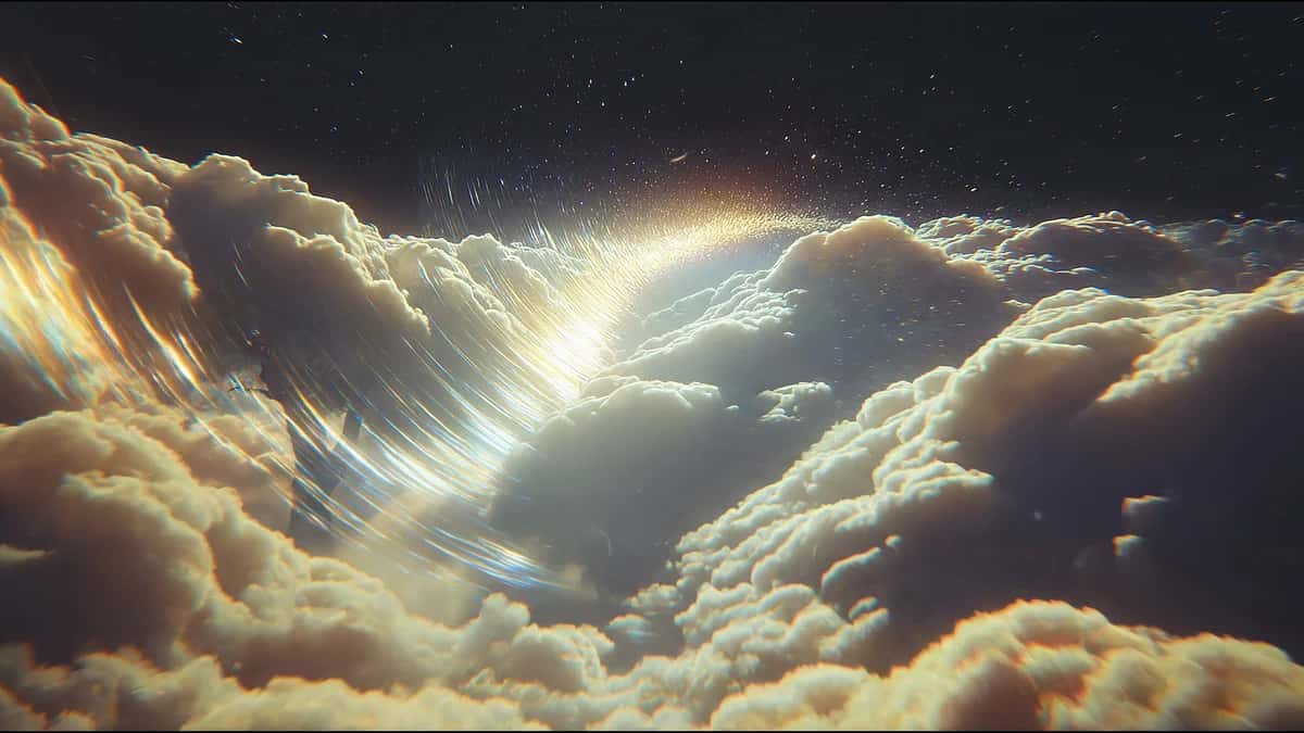 Divine light rays streaming through golden clouds against dark sky with stars