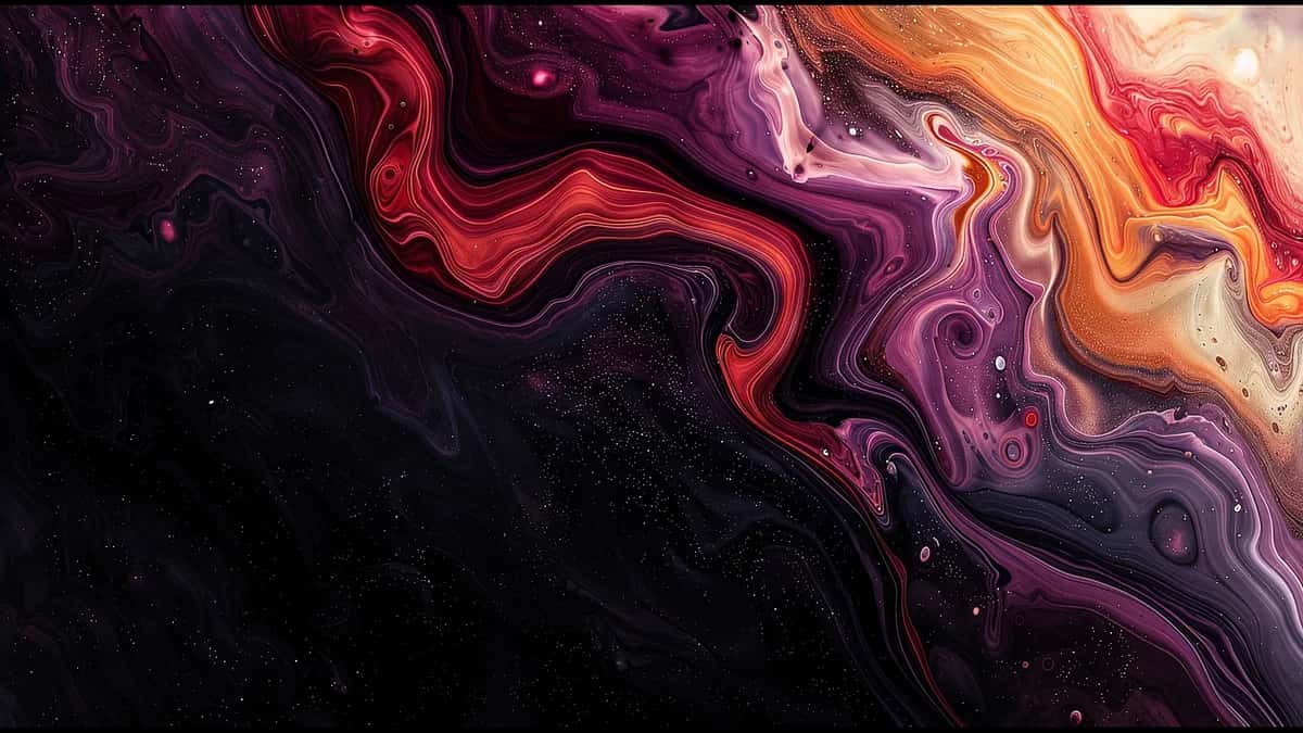 Abstract fluid waves in red, purple, orange, and black with swirling motion and ethereal light
