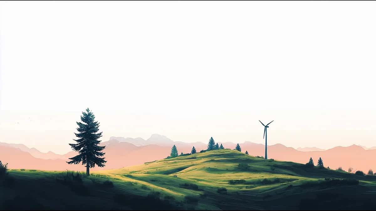 Rolling green hills with lone tree and wind turbine at sunset, warm orange sky and mountains