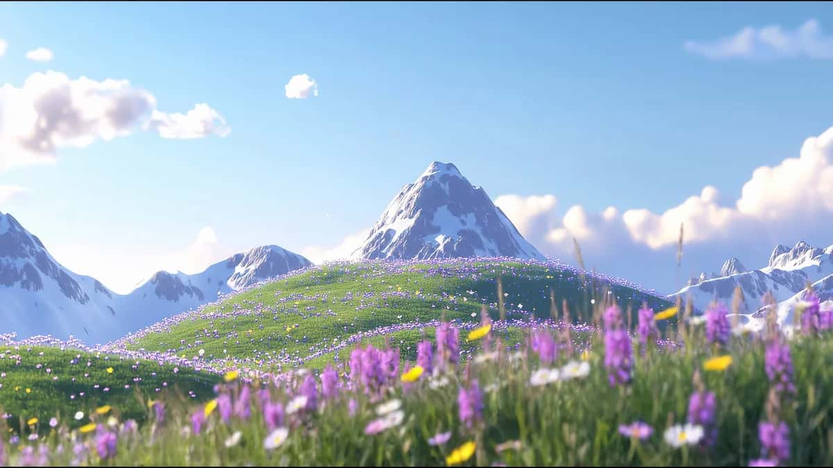 Alpine meadow with purple wildflowers, snow-capped mountain peaks, blue sky with clouds
