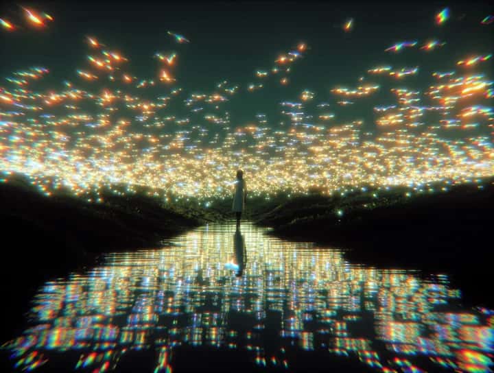 Silhouetted figure on a reflective path beneath a field of golden sparkling lights