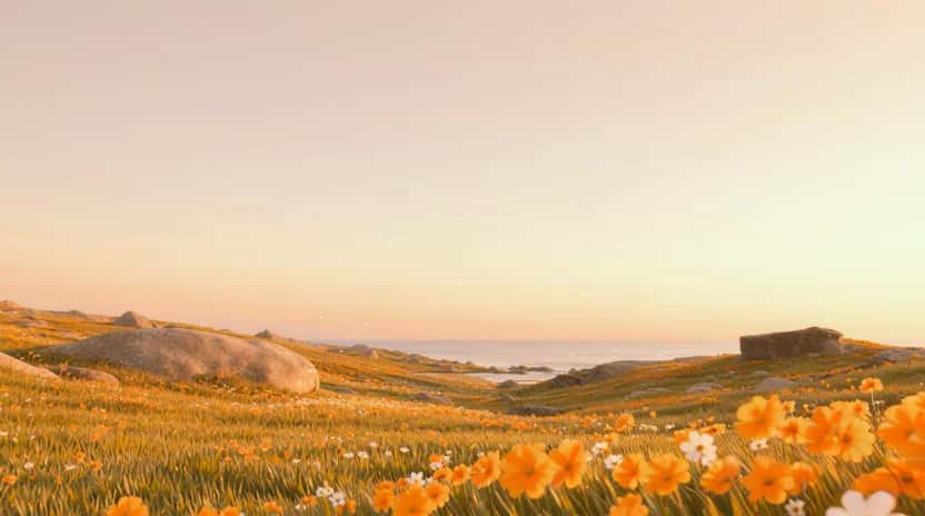 Golden sunset landscape with orange wildflowers in foreground, rolling hills, and distant water