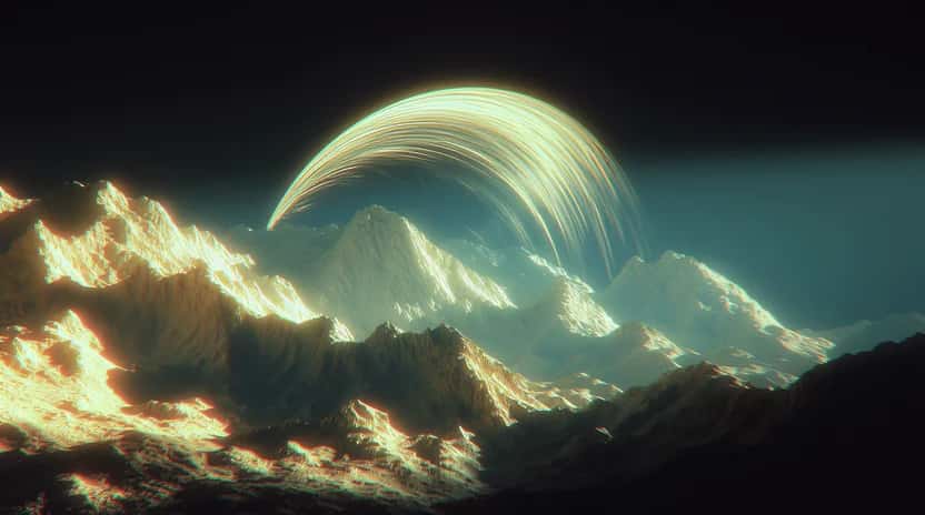 Glowing crescent planet above luminous golden clouds and dark mountains, teal sky