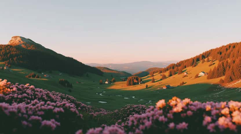 Alpine valley landscape with purple wildflowers, green meadows, golden sunset light on distant mountains